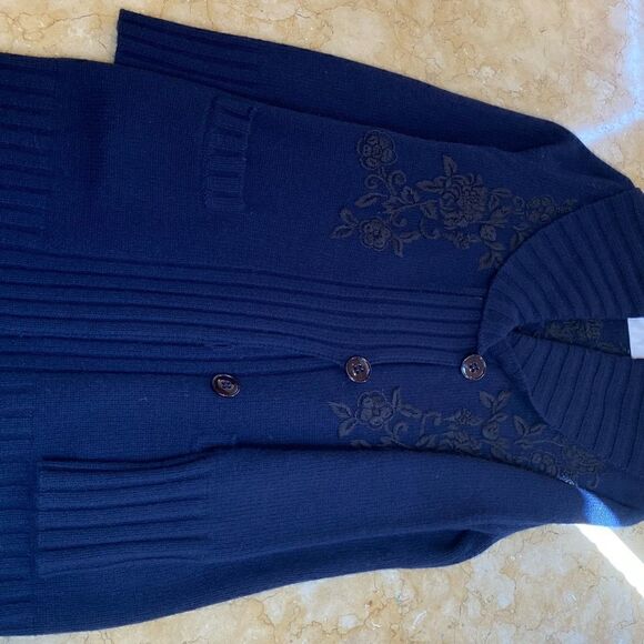 sonia BOGNER Navy blue overlay embroidery long après-ski cardigan -size 8 - Picture 8 of 12